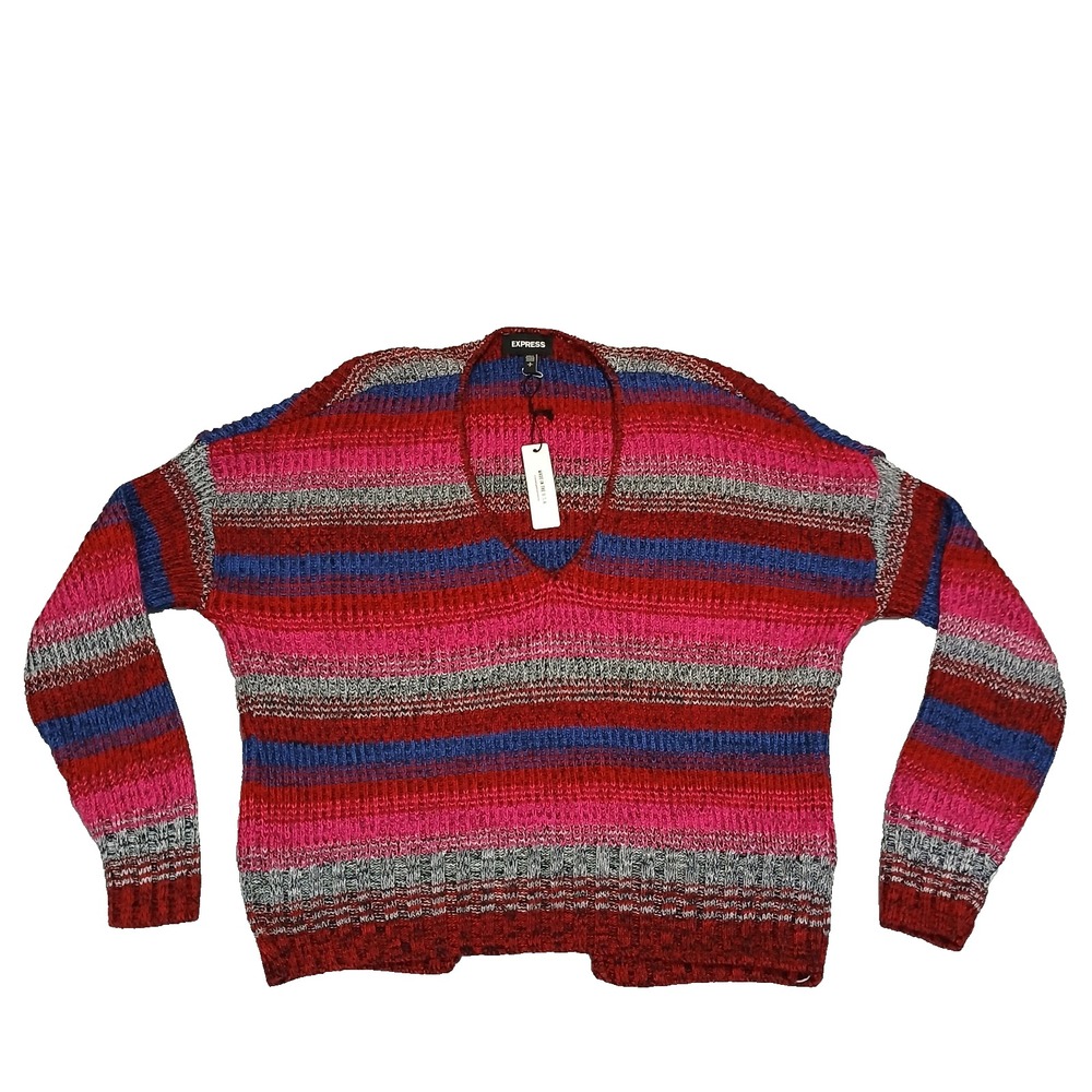 Express Womens Striped Split Back V-Neck Sweater Made In The USA Size‎ Small P